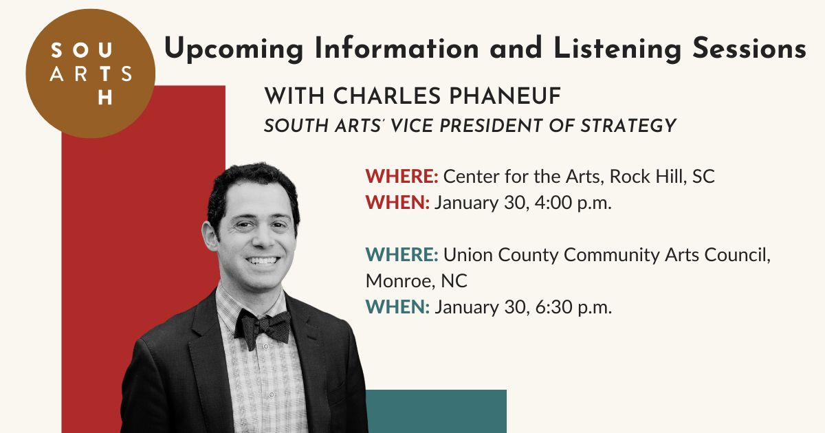 Banner featuring Charles Pheneuf, listing listening sessions in Rock Hill and Monroe.