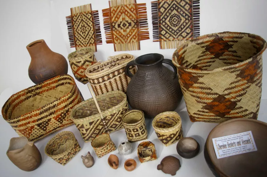 Assorted Cherokee baskets and vessels by Mary Thompson