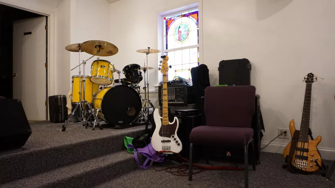 The Allen Boys' instruments set up in the House of God Church