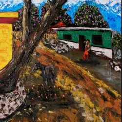 Painting of a scene with a tree in the foreground and a green home in the background. A couple embraces between the tree and home.